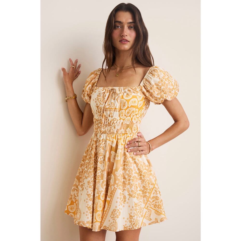 Francesca's Puff Sleeve Orange Paisley Patchwork Milkmaid Mini Dress MEDIUM